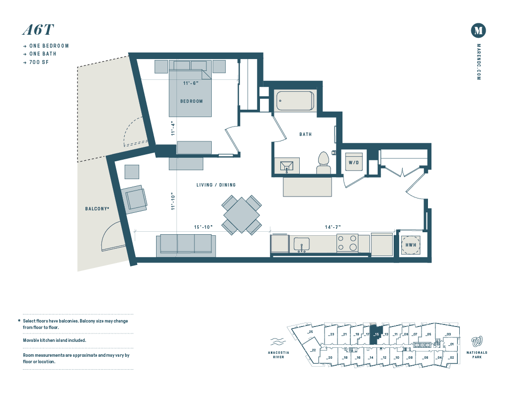 Floor plan for 1 bed, 1 bath, 700 sqft