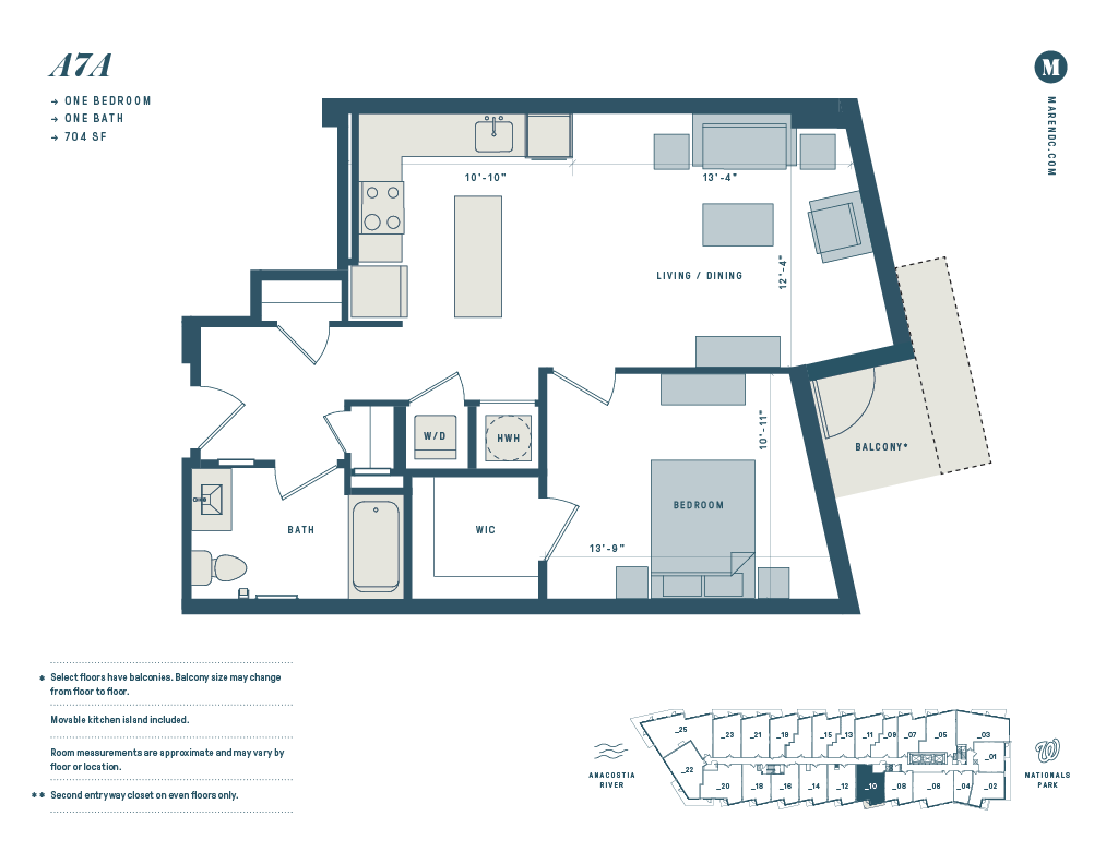 Floor plan for 1 bed, 1 bath, 713 sqft