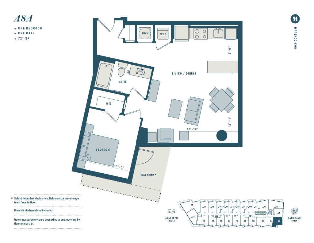 Floor plan for 1 bed, 1 bath, 721 sqft
