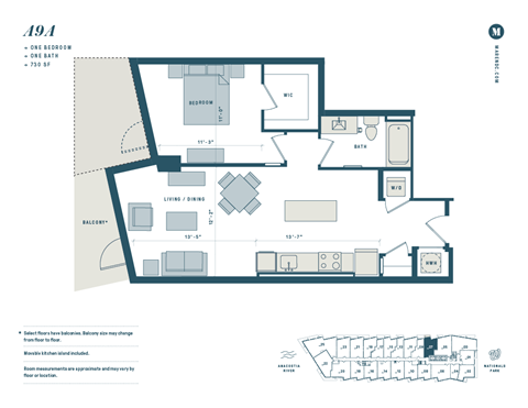 Floor plan for 1 bed, 1 bath, 730 sqft