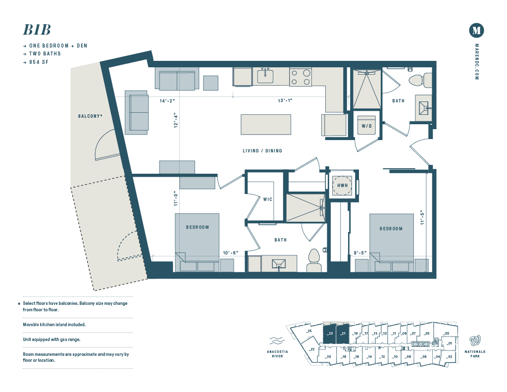 Floor plan for 1 bed, 2 baths, 854 sqft