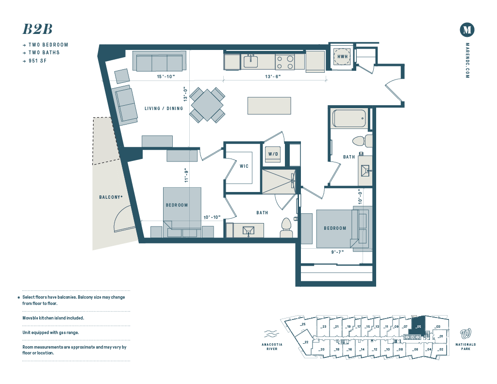 Floor plan for 1 bed, 2 baths, 951 sqft