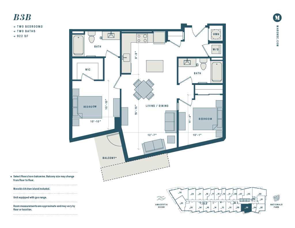 Floor plan for 2 beds, 2 baths, 922 sqft
