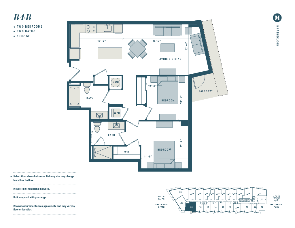 Floor plan for 2 beds, 2 baths, 1007 sqft