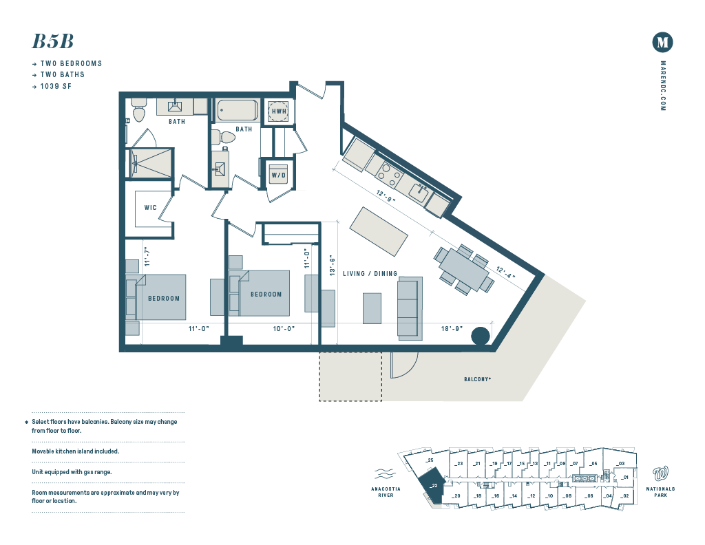 Floor plan for 2 beds, 2 baths, 1039 sqft