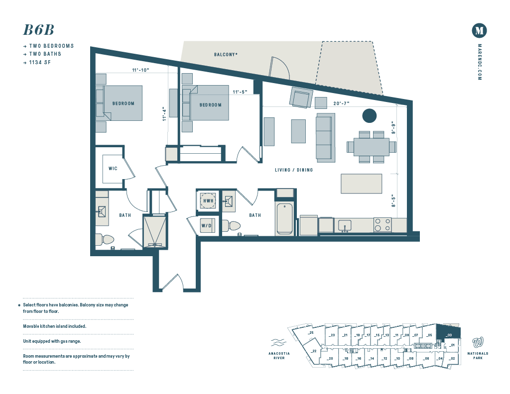 Floor plan for 2 beds, 2 baths, 1134 sqft