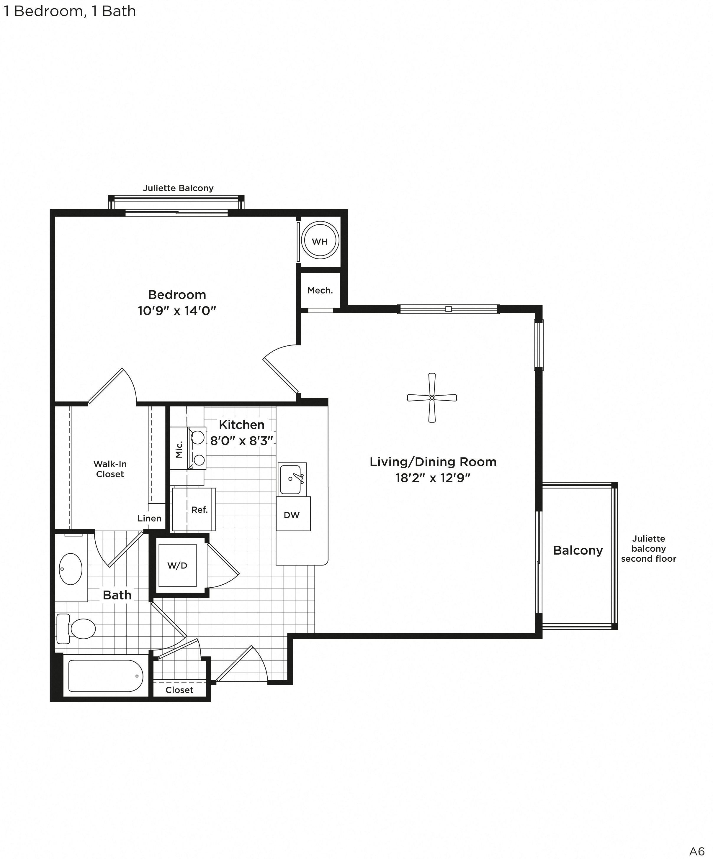 Floor plan for 1 bed, 1 bath, 702 sqft