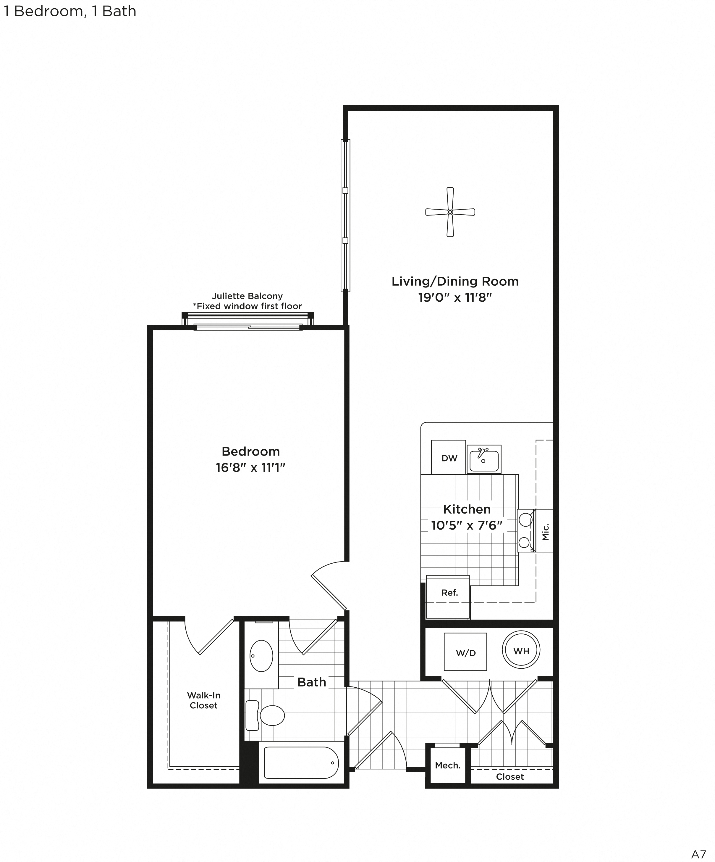 Floor plan for 1 bed, 1 bath, 702 sqft