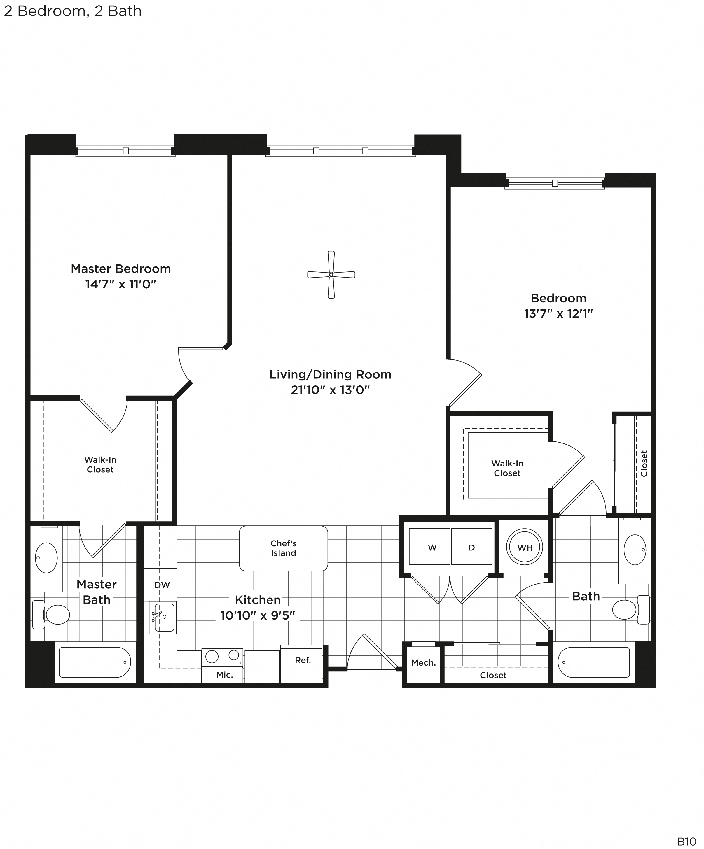 Floor plan for 2 beds, 2 baths, 1068 sqft