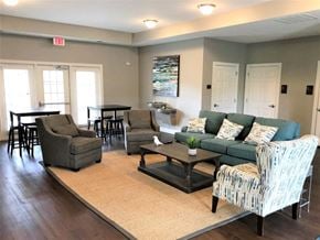 Clover apartment for rent - A living room with a grey couch, a coffee table, and a rug.