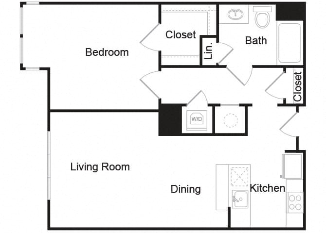 Floor plan for 1 bed, 1 bath, 769 sqft