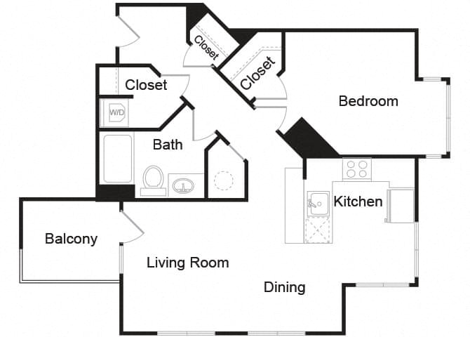 Floor plan for 1 bed, 1 bath, 867 sqft