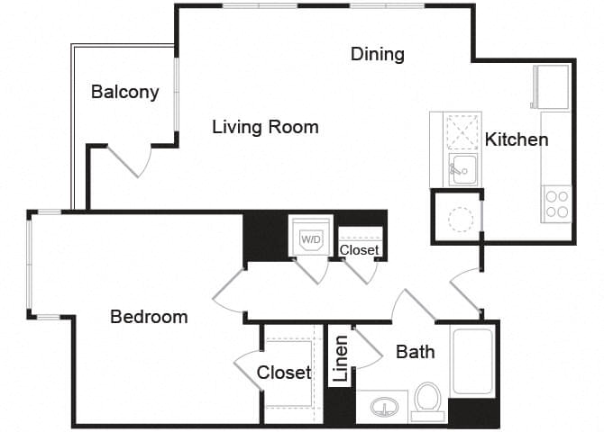Floor plan for 1 bed, 1 bath, 900 sqft