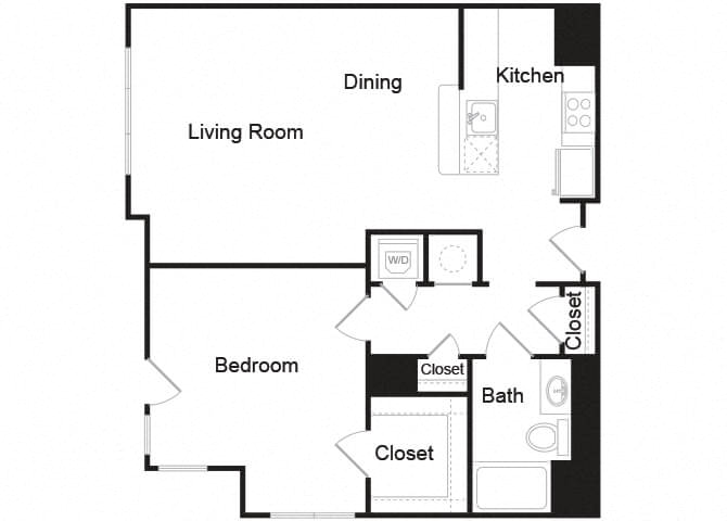 Floor plan for 1 bed, 1 bath, 915 sqft