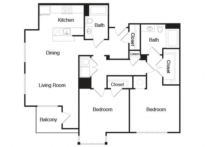 Floor plan for 2 beds, 2 baths, 1279 sqft