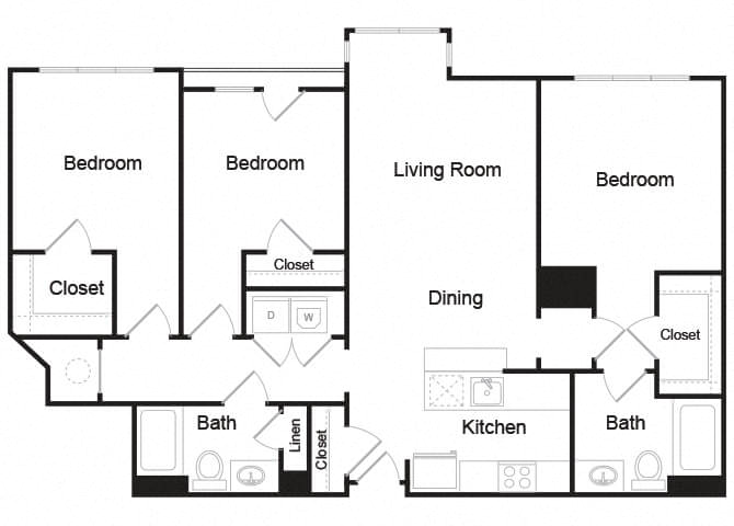 Floor plan for 3 beds, 2 baths, 1391 sqft