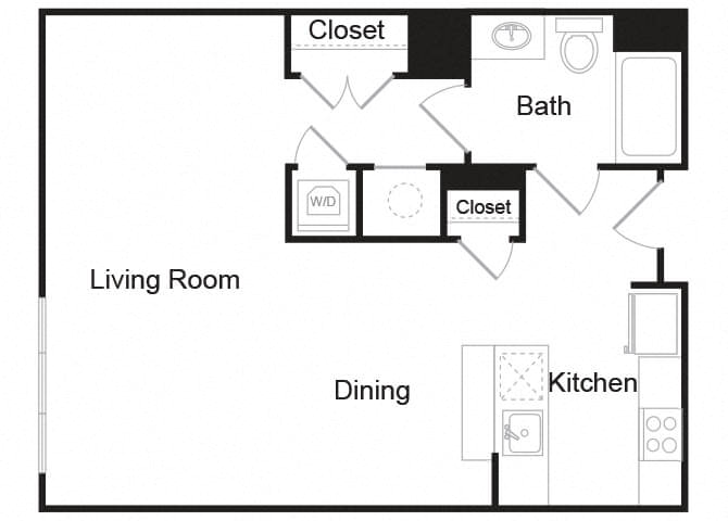 Floor plan for studio, 1 bath, 675 sqft