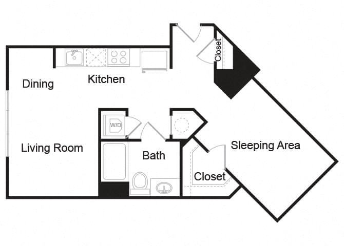 Floor plan for studio, 1 bath, 709 sqft