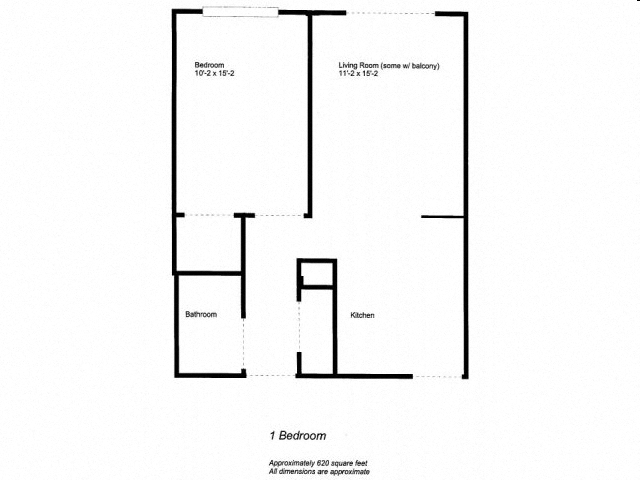 Floor plan for 1 bed, 1 bath, 610 sqft