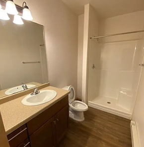 West Fargo apartment for rent - A bathroom with a toilet, sink, and shower.