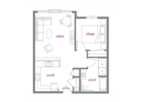 Floor plan for 1 bed, 1 bath, 689 sqft