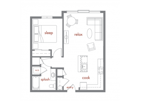 Floor plan for 1 bed, 1 bath, 689 sqft