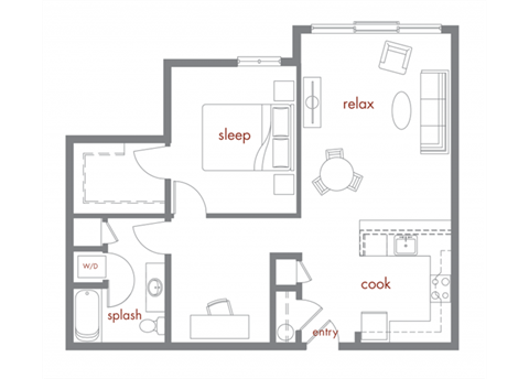 Floor plan for 1 bed, 1 bath, 889 sqft