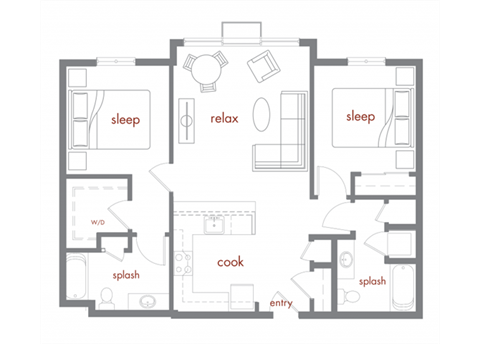 Floor plan for 2 beds, 2 baths, 987 sqft