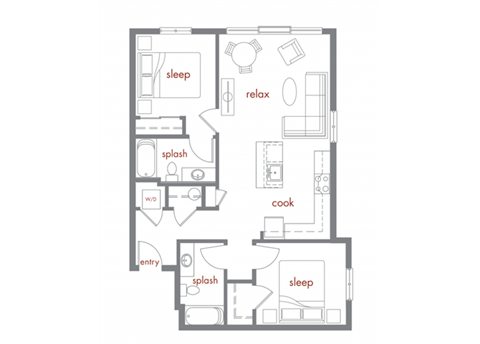 Floor plan for 2 beds, 2 baths, 896 sqft
