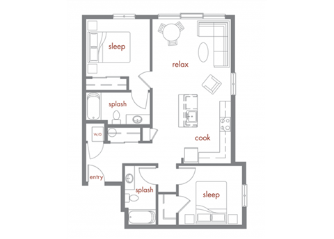 Floor plan for 2 beds, 2 baths, 934 sqft