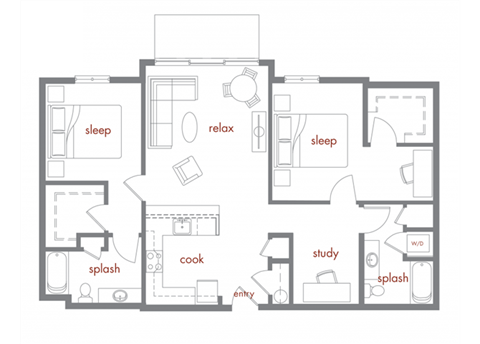 Floor plan for 2 beds, 2 baths, 1253 sqft