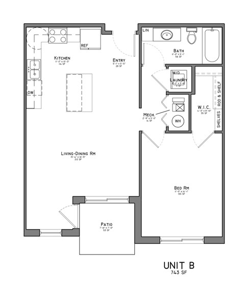 Floor plan for 1 bed, 1 bath, 743 sqft
