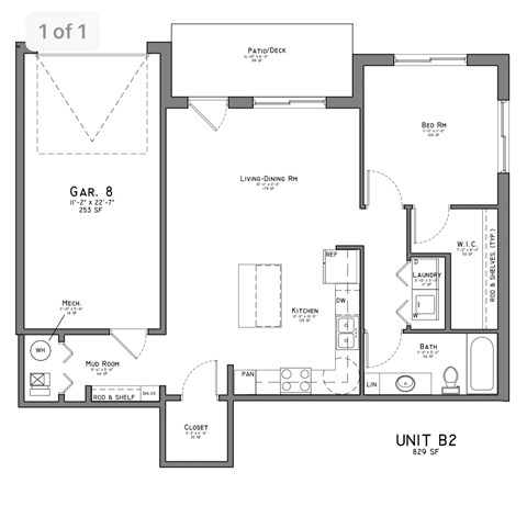 Floor plan for 1 bed, 1 bath, 829 sqft