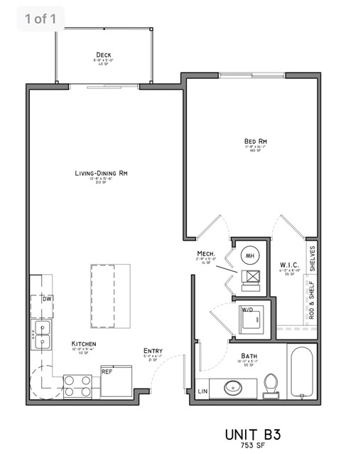 Floor plan for 1 bed, 1 bath, 753 sqft