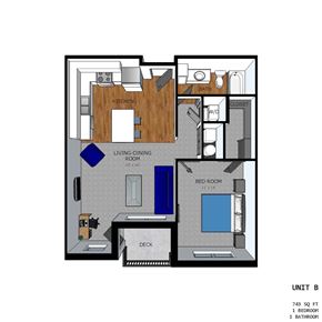 Hickman apartment for rent - A floor plan of a 743 square foot apartment with one bedroom and one bathroom.