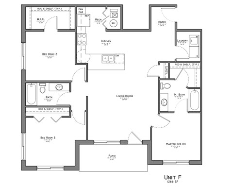 Floor plan for 3 beds, 2 baths, 1269 sqft
