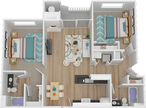 Floor plan for 2 beds, 2 baths, 1035 sqft