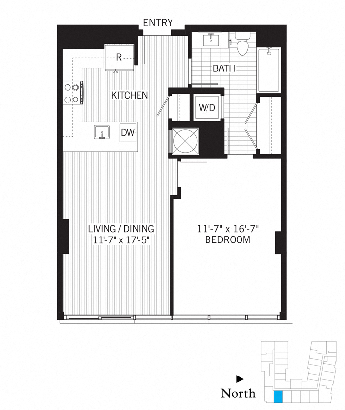 Floor plan for 1 bed, 1 bath, 748 sqft