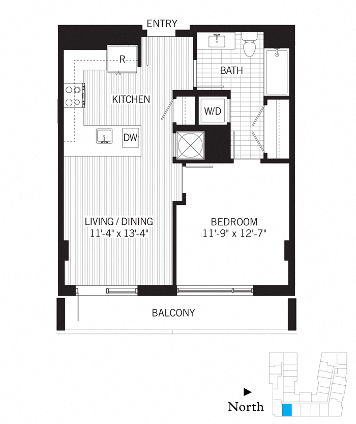 Floor plan for 1 bed, 1 bath, 662 sqft