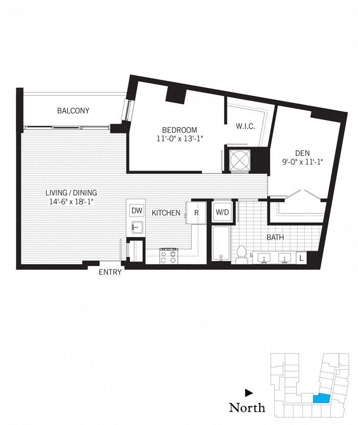 Floor plan for 1 bed, 1 bath, 959 sqft