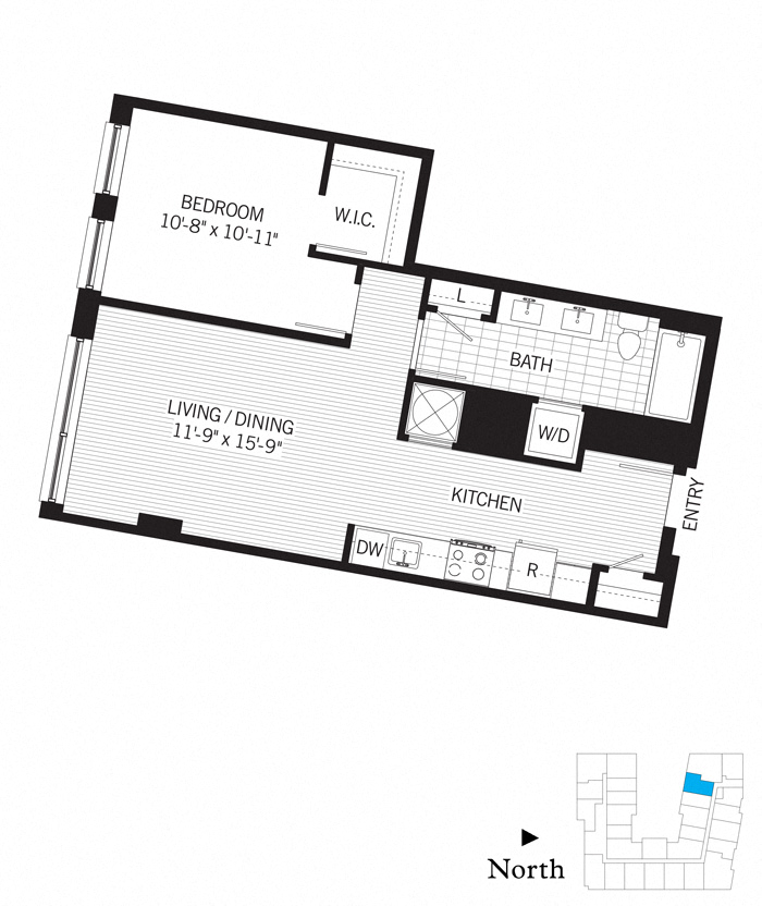 Floor plan for 1 bed, 1 bath, 704 sqft