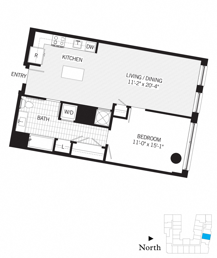 Floor plan for 1 bed, 1 bath, 800 sqft