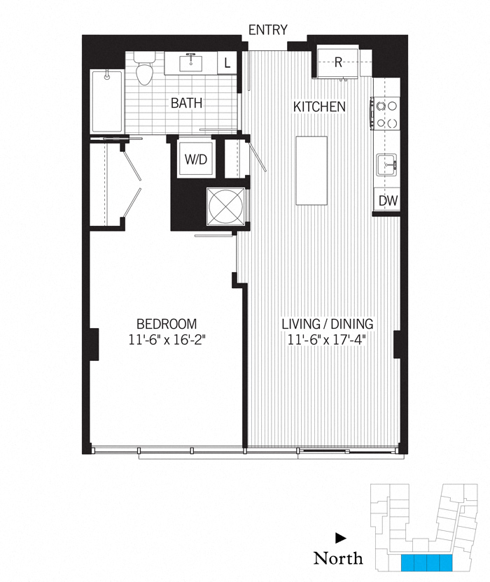 Floor plan for 1 bed, 1 bath, 748 sqft