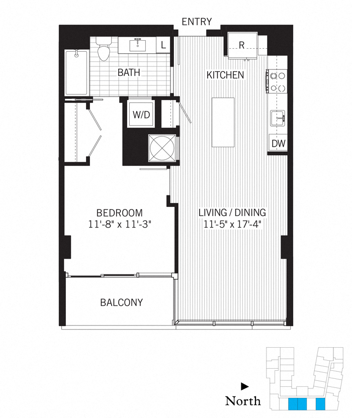 Floor plan for 1 bed, 1 bath, 688 sqft