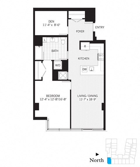 Floor plan for 1 bed, 1 bath, 1017 sqft