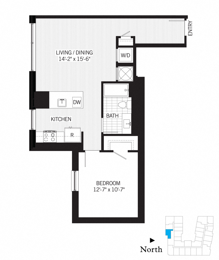 Floor plan for 1 bed, 1 bath, 771 sqft