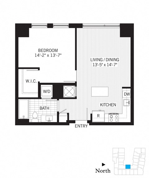 Floor plan for 1 bed, 1 bath, 712 sqft