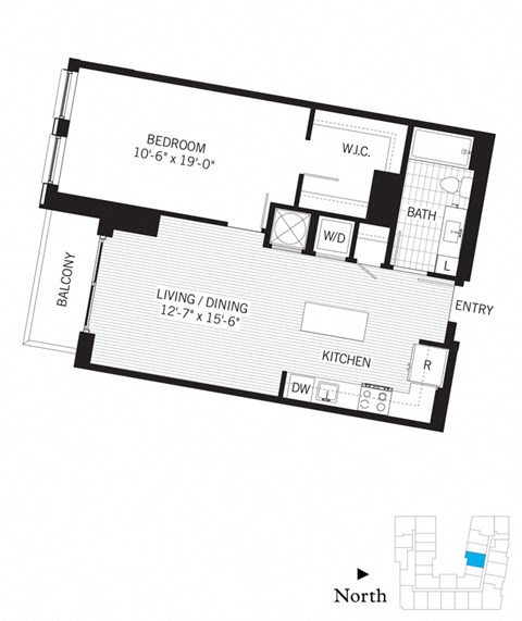 Floor plan for 1 bed, 1 bath, 777 sqft