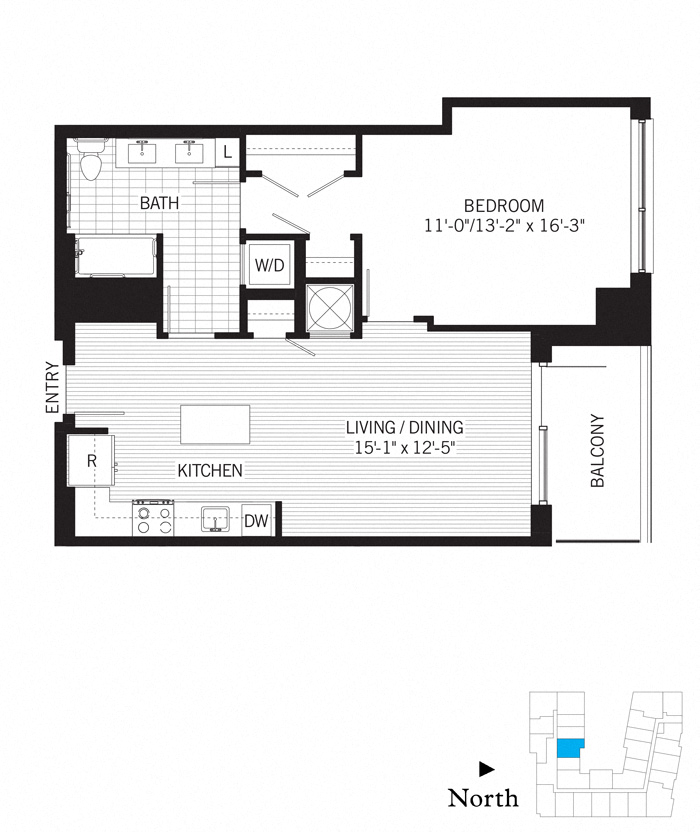 Floor plan for 1 bed, 1 bath, 827 sqft