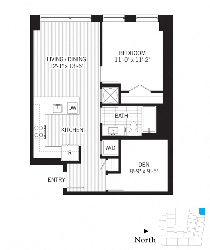 Floor plan for 1 bed, 1 bath, 792 sqft